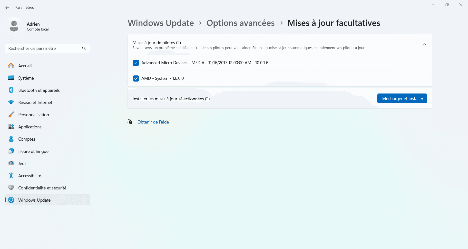 mise à jour des pilotes windows update