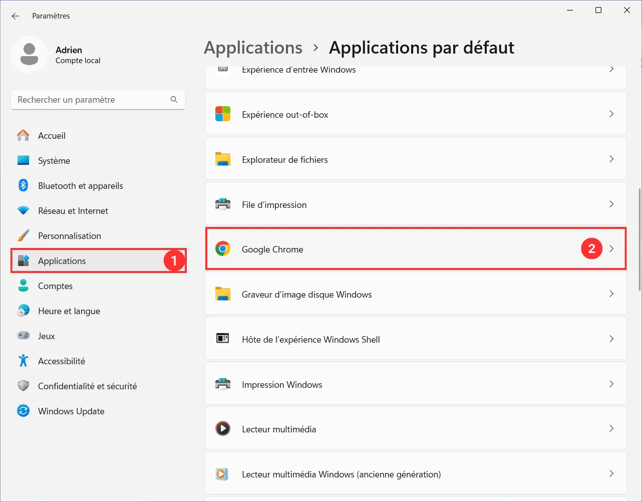 paramètres application par defaut windows 11