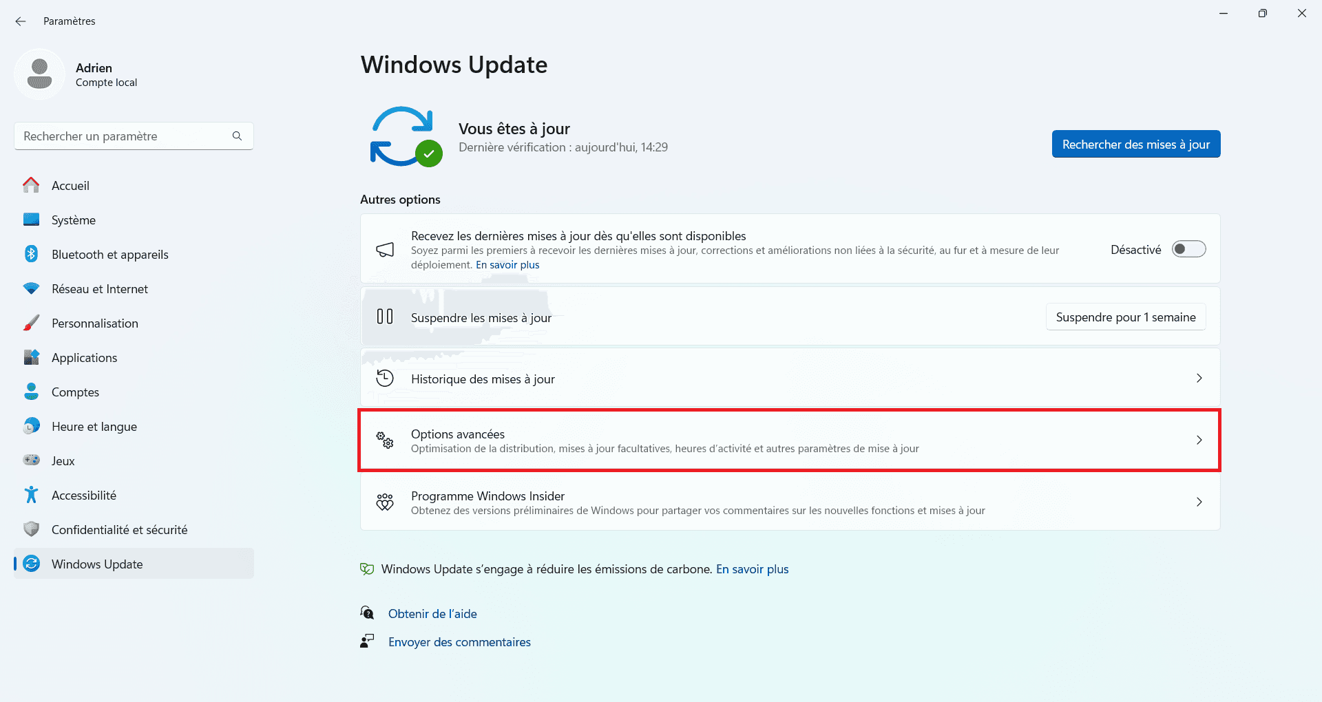 paramètres avancés windows update