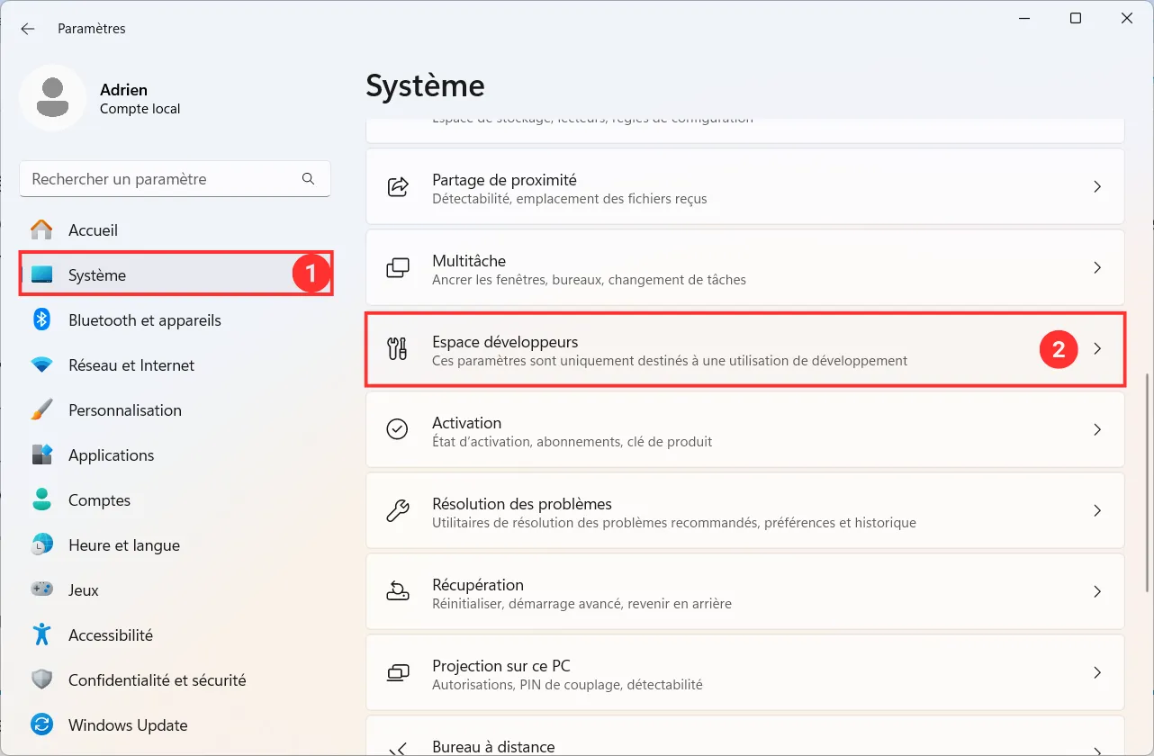 paramètres windows 11 espace développeurs