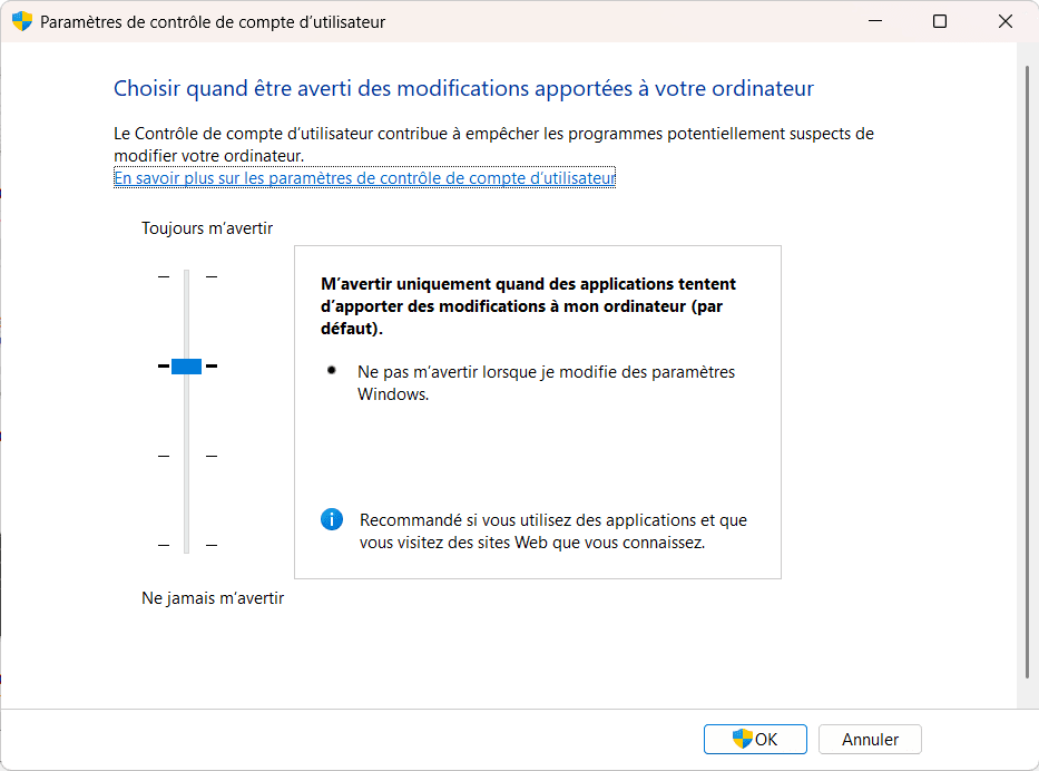 Désactiver le contrôle de compte d’utilisateur (UAC) depuis le Panneau de configuration