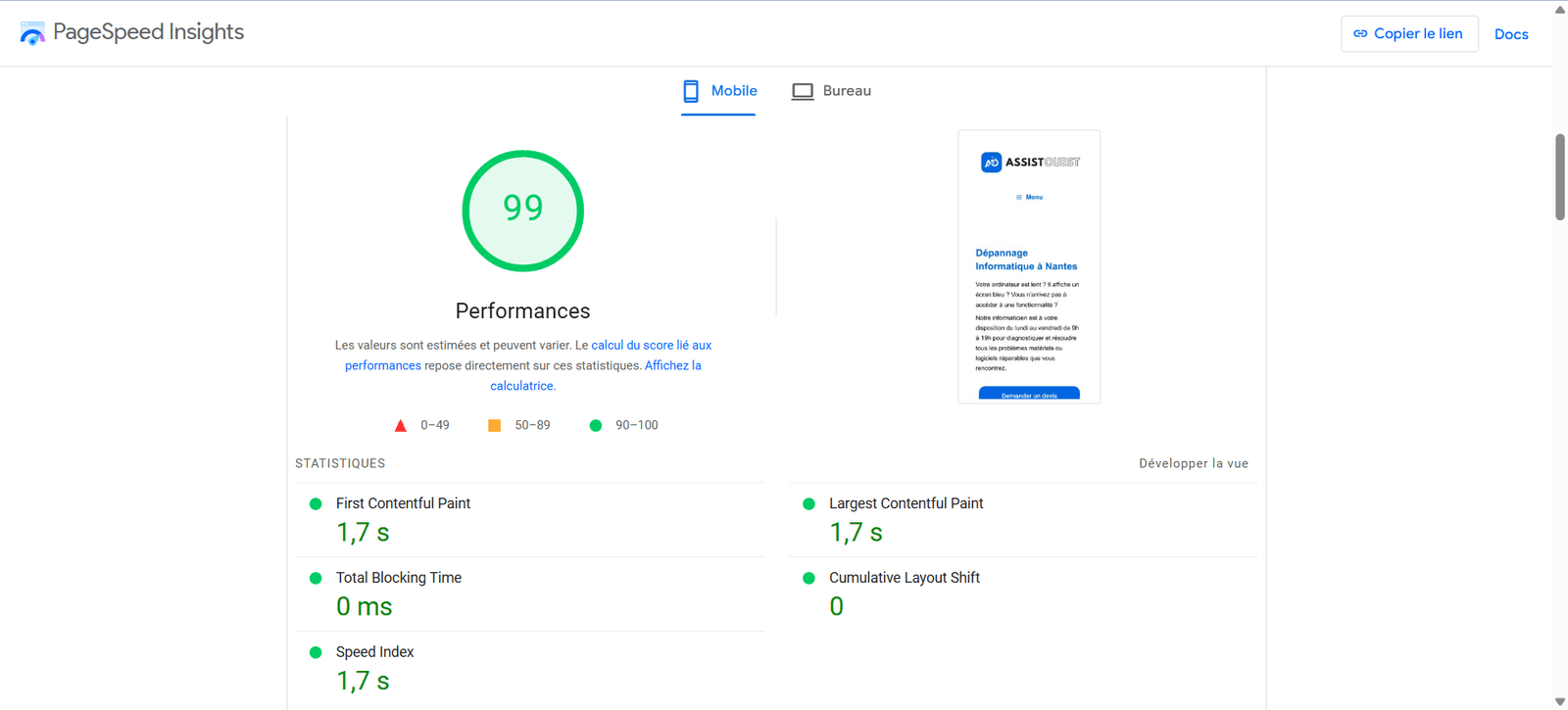PageSpeed Insigth chez Hostinger + Cloudflare