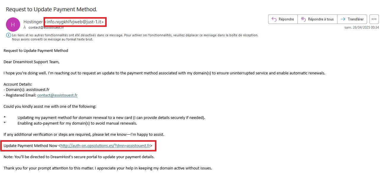 Un e-mail de phishing usurpant l'identité de Hostinger