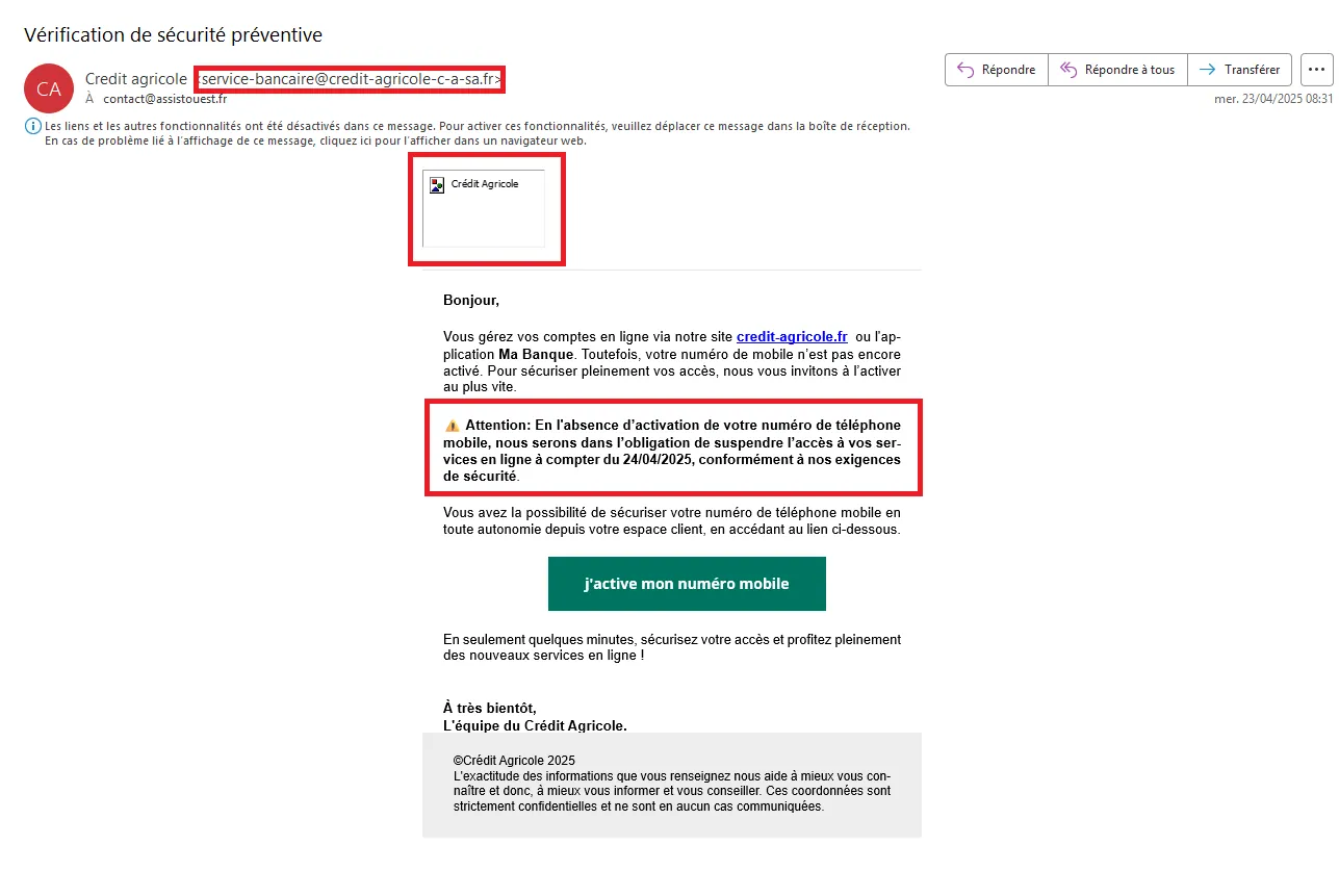 Un e-mail de phishing usurpant l'identité du Crédit Agricole