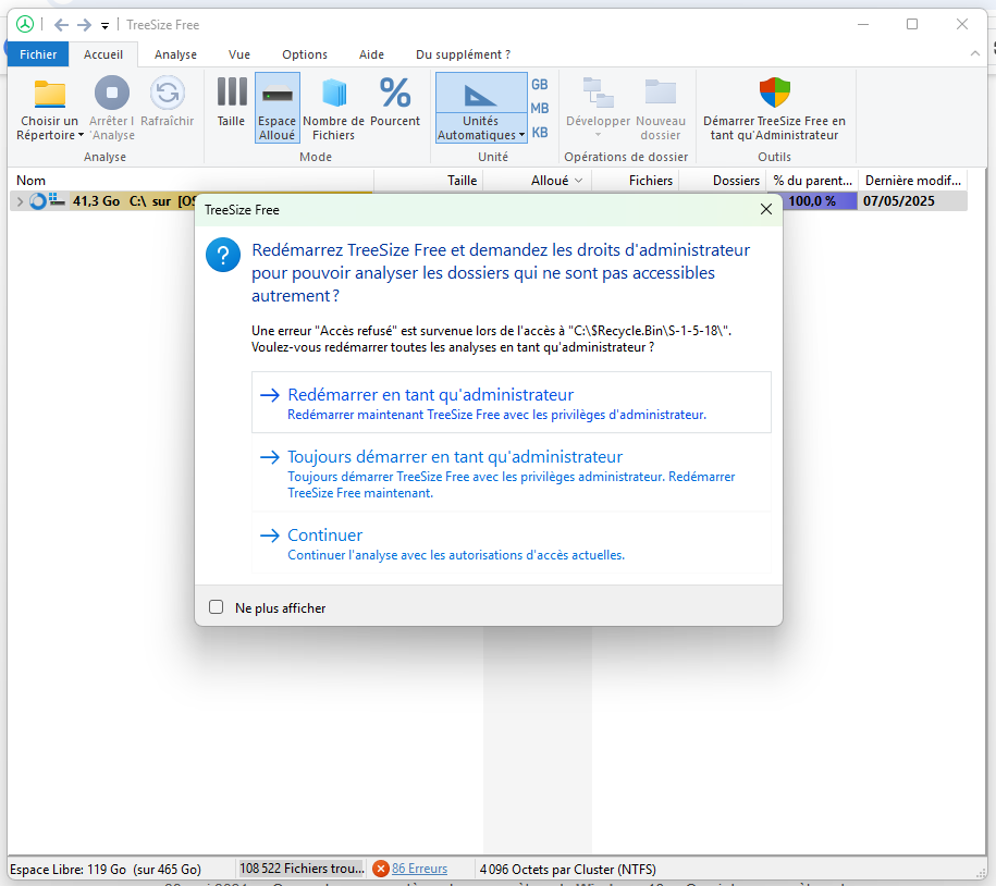 TreeSize demande les droits administrateurs pour scanner tous les dossiers