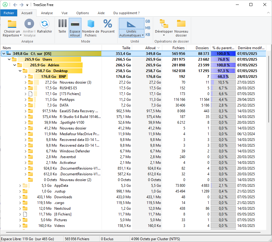 Récapitulatif de l'espace utilisé sur votre ordinateur Windows.