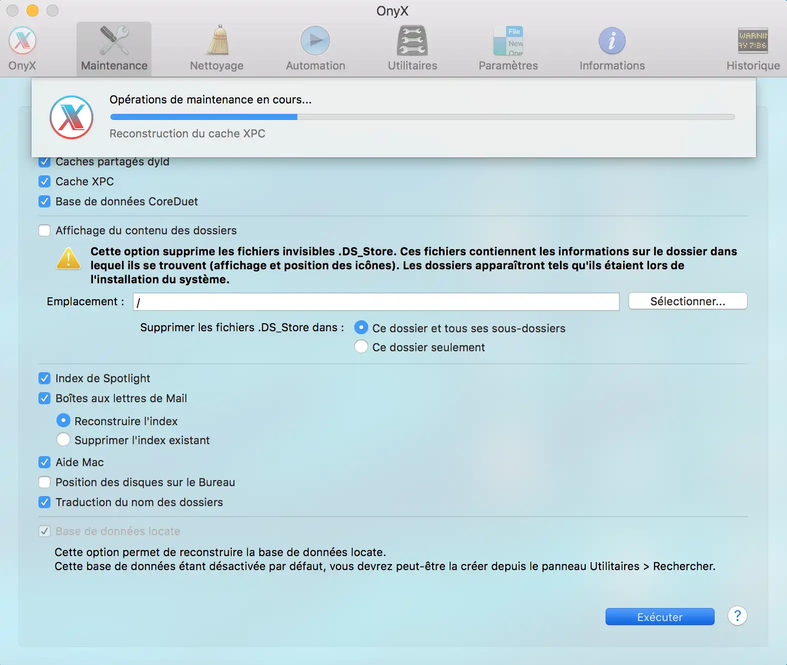 Nettoyage Mac avec OnyX pour vider les caches système, reconstruire l’index Spotlight et réparer les fichiers