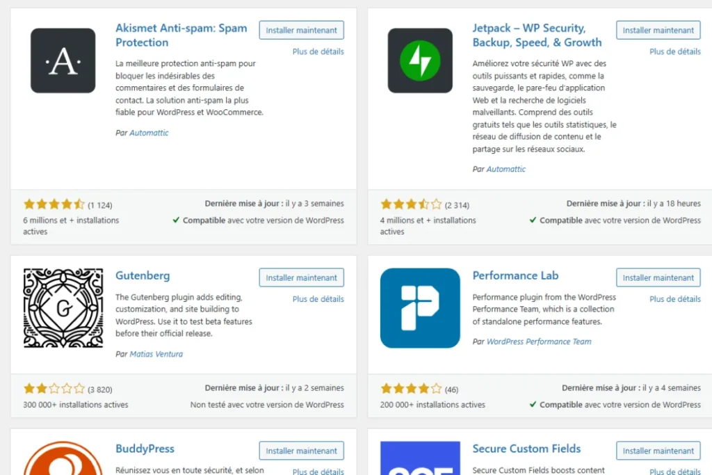 Installation des plugins WordPress