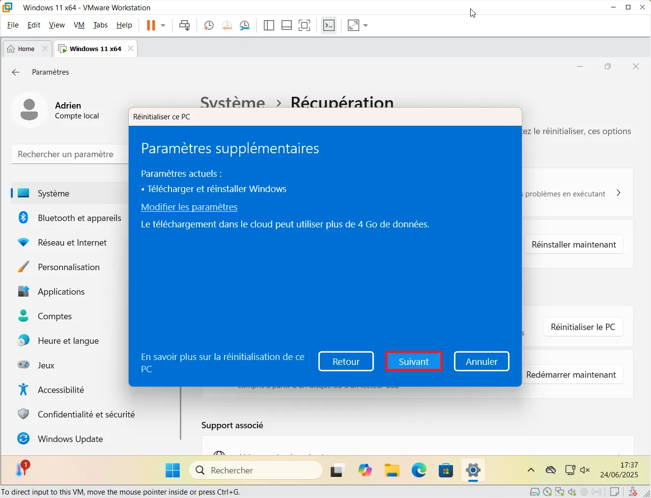 résumé réinitialisation de windows