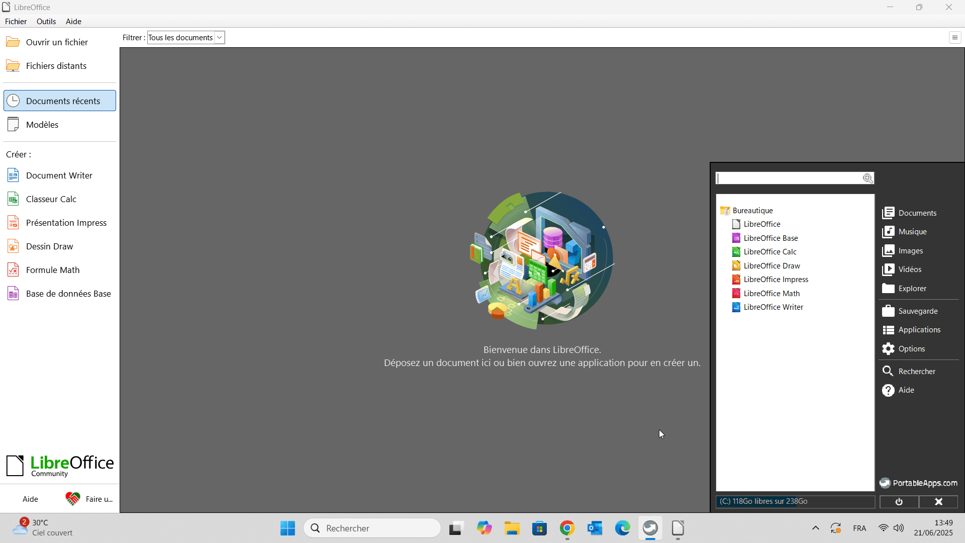 L'interface de PortableApps.com menu démarrer