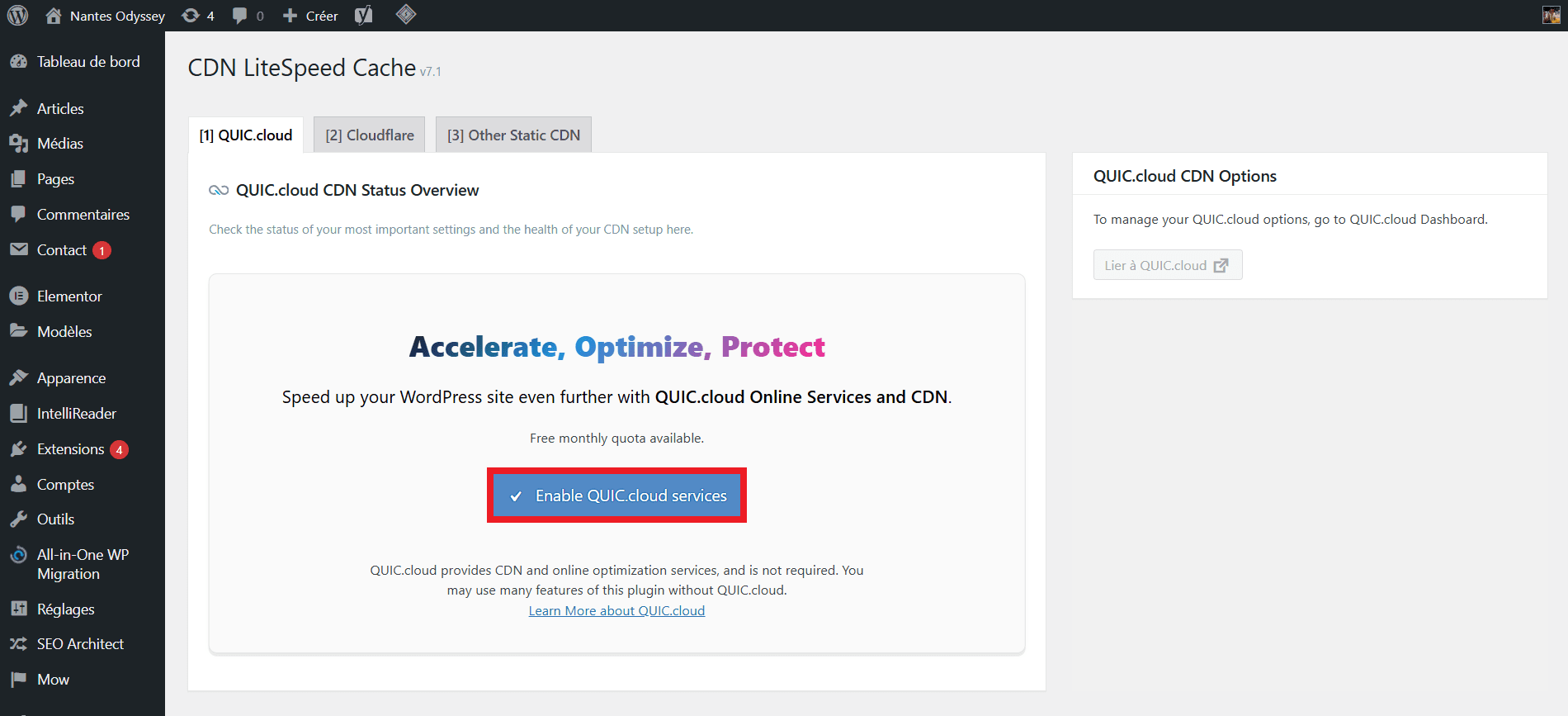 Configuration initiale de QUIC.cloud : Activer le CDN depuis le LS Cache