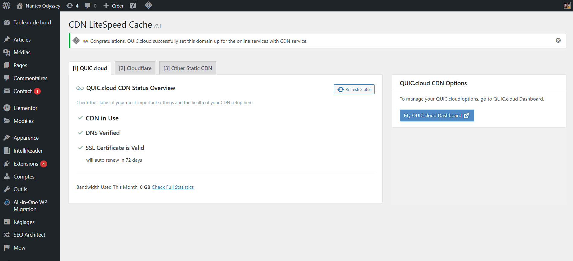 activer QUIC.cloud depuis WordPress