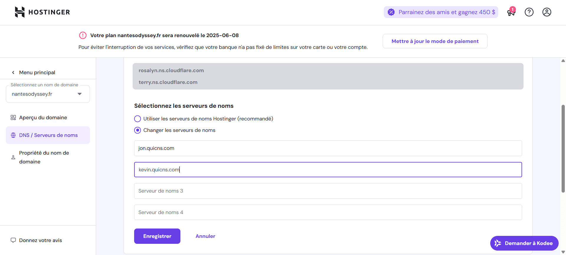 Changer les serveurs de noms chez ton registrar (Hostinger)