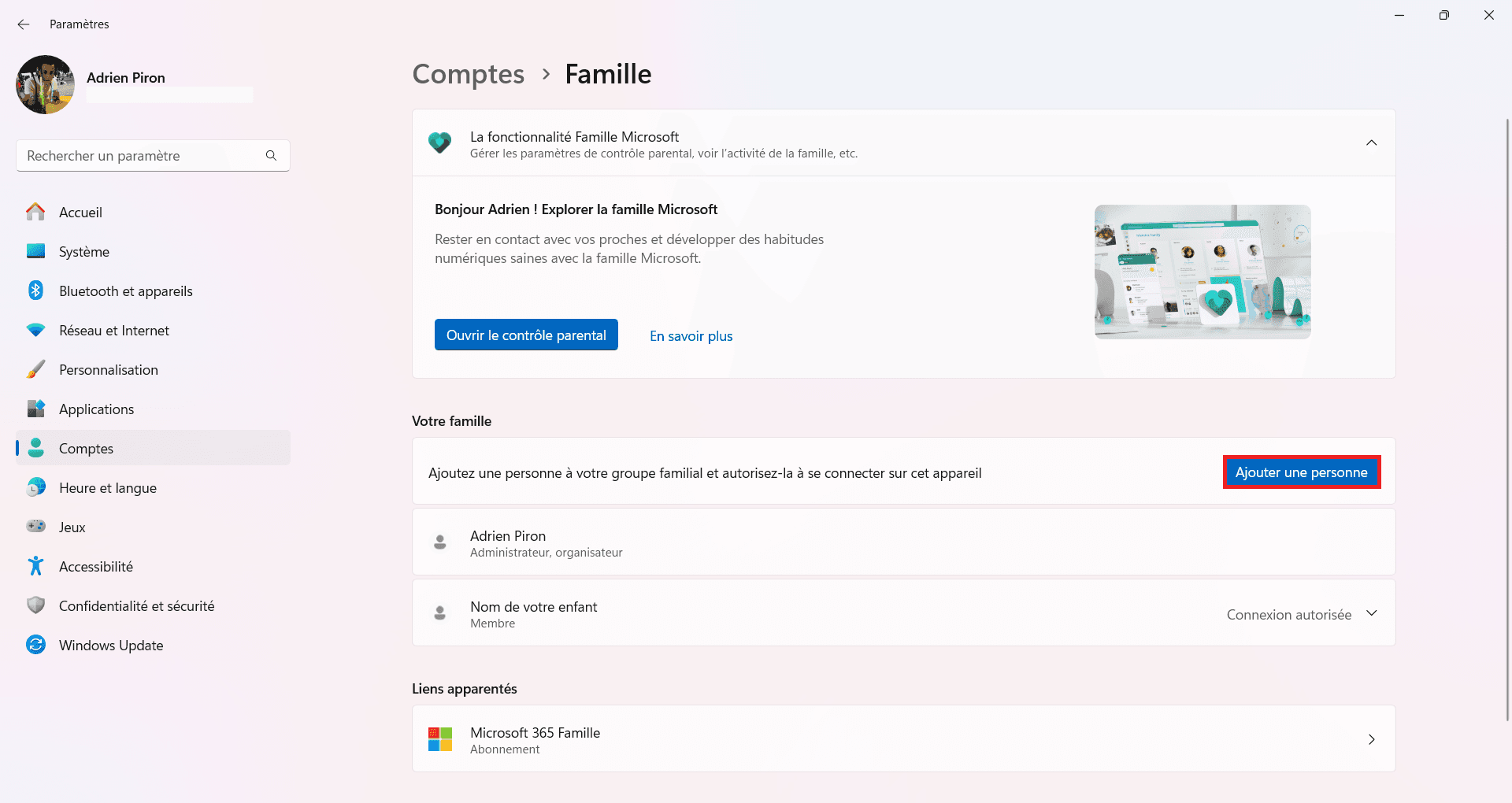 Ajouter un membre à votre groupe familial Windows