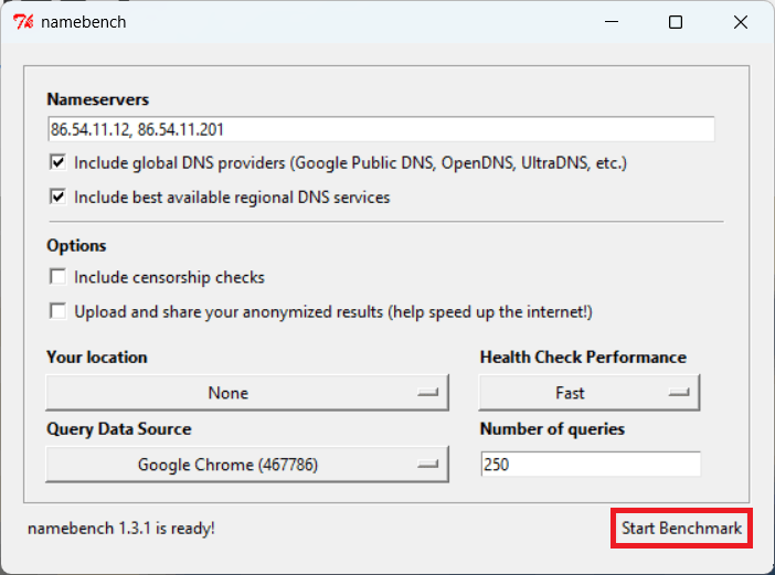 tester le DNS le plus rapide avec NameBench sur Windows