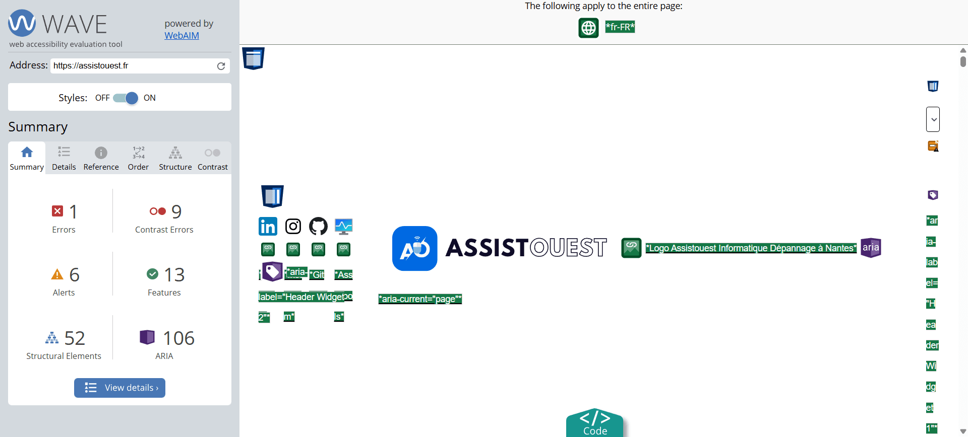 L'inteface du site WAVE : Web Accessibility Evaluation Tool