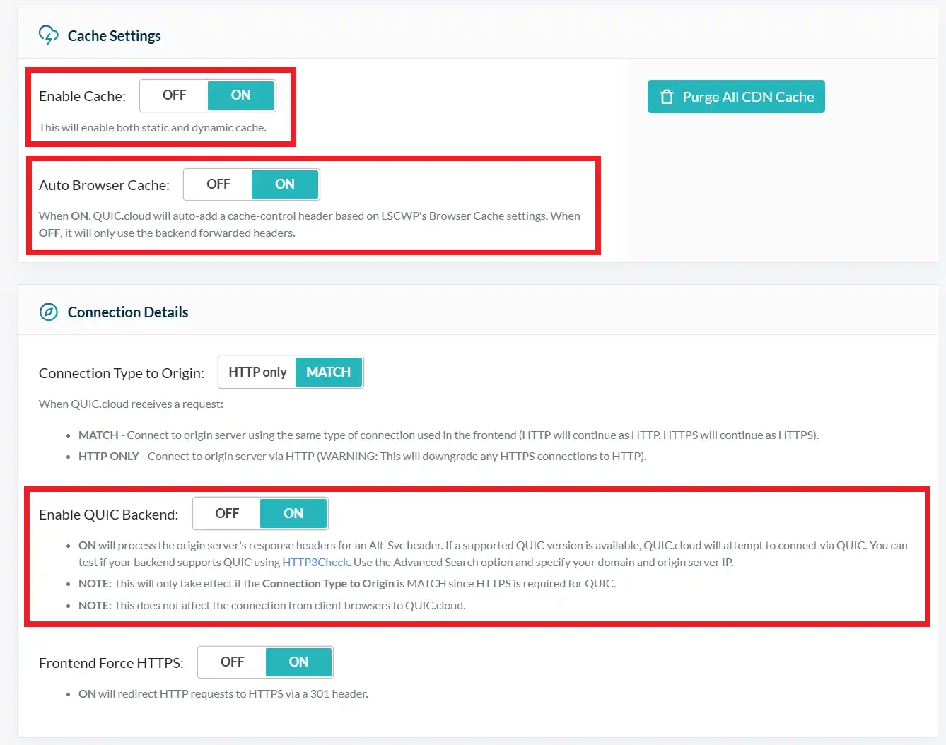 Finaliser la configuration options essentielles à activer quic.cloud