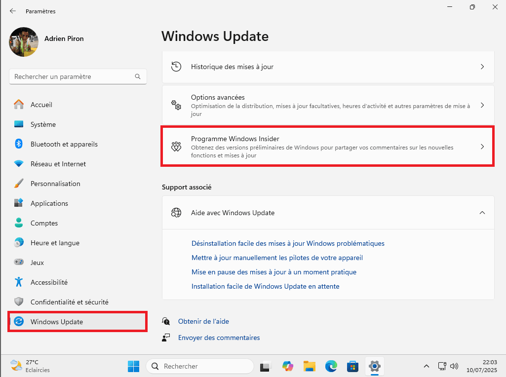 Accès aux paramètres Windows Update pour rejoindre le programme Insider