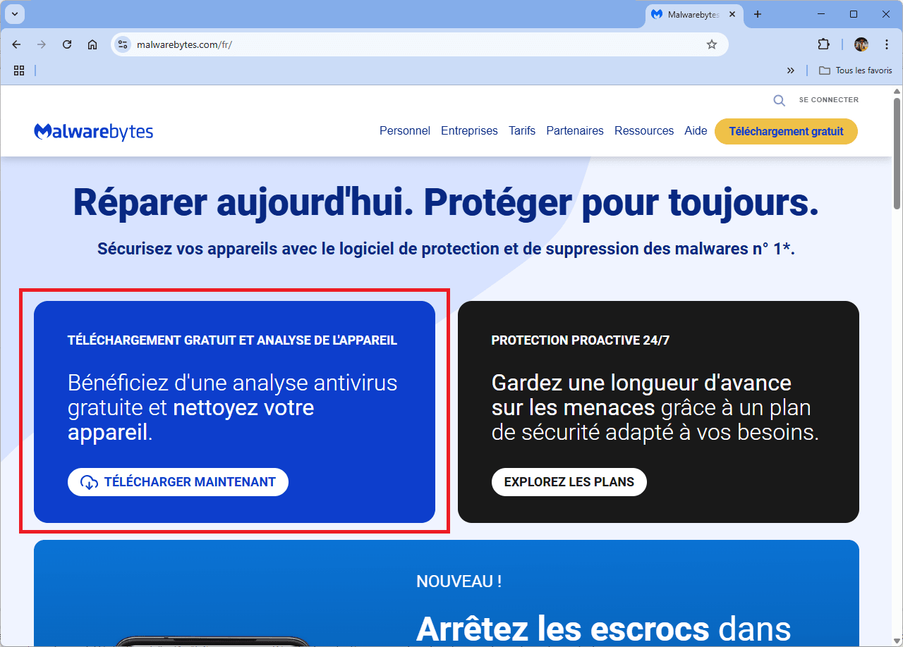 Page officielle de téléchargement de Malwarebytes en français