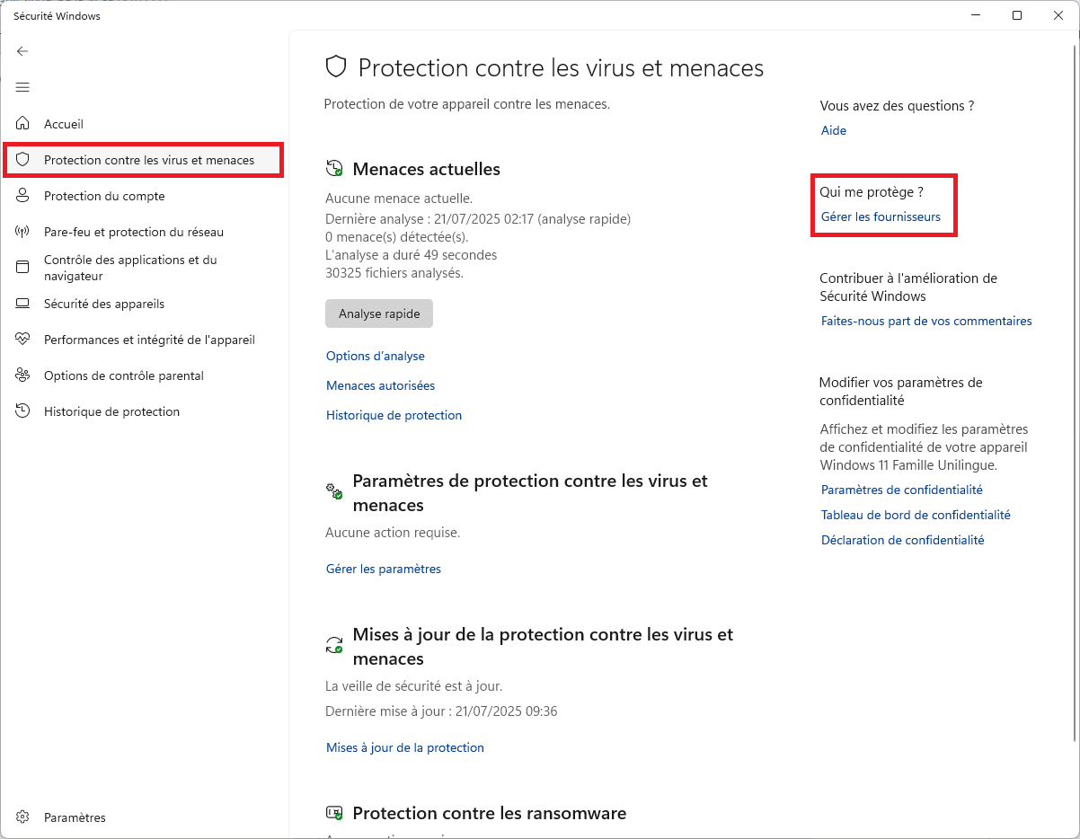 Accès à la configuration antivirus de Microsoft Defender sous Windows 11