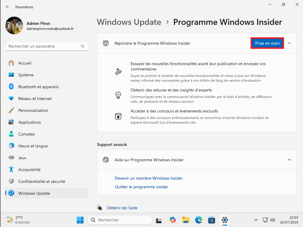 Écran de présentation du Programme Windows Insider