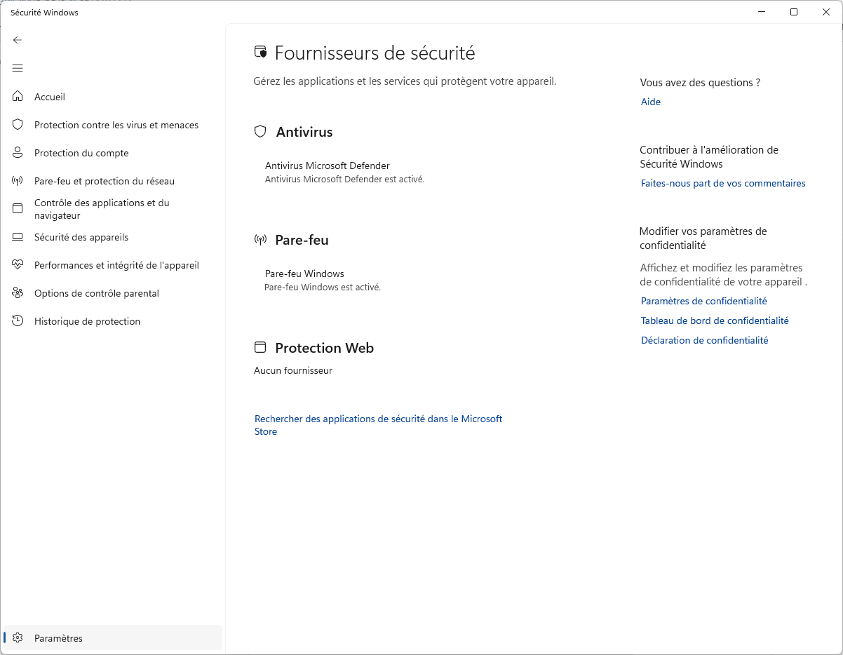 Statut actif de l'antivirus Microsoft Defender dans les paramètres de sécurité