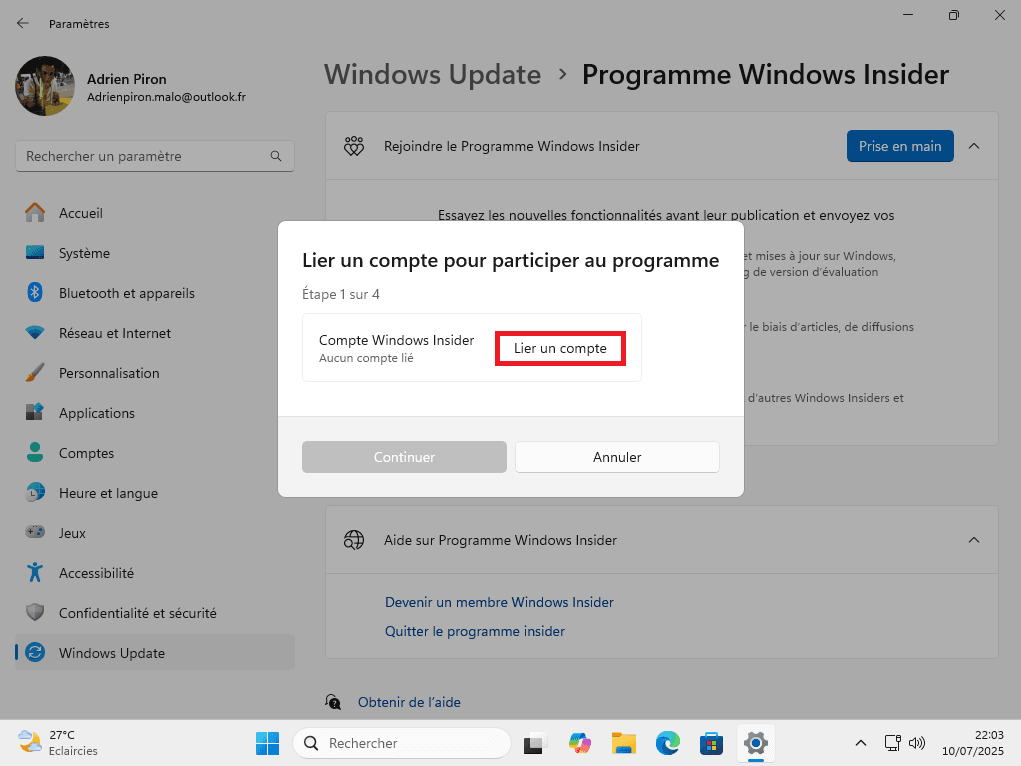 liaison d’un compte Microsoft pour activer le programme Windows Insider