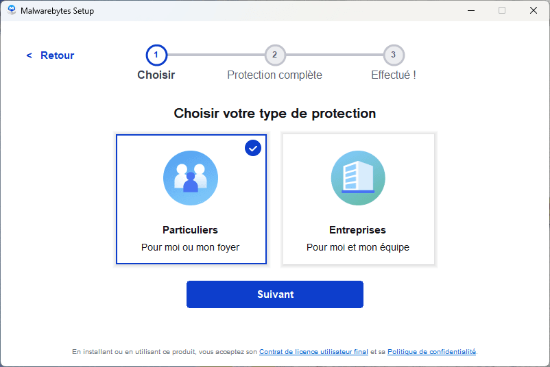 malwarebyte Sélection du type d'utilisation : usage personnel ou professionnel