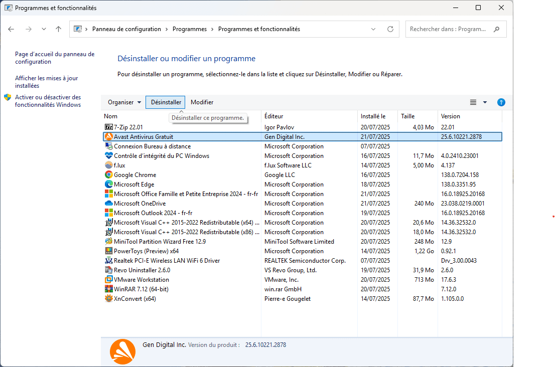 Interface Windows pour désinstaller un antivirus via le panneau de configuration