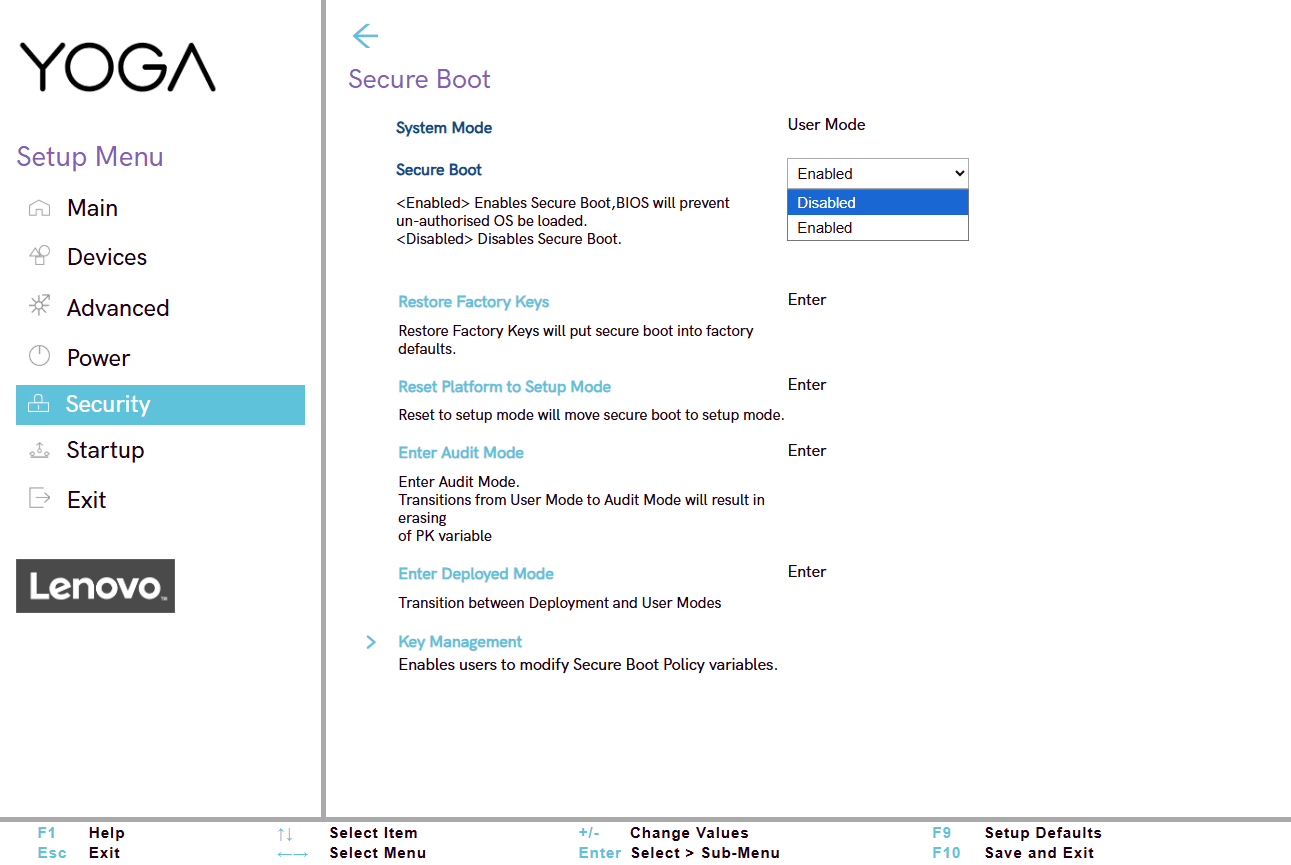 Désactiver Secure Boot en basculant sur Disabled