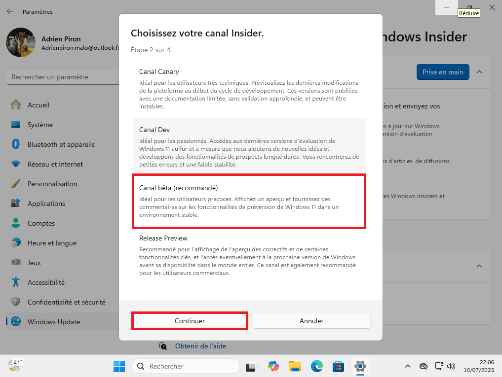 Choix du canal Insider, avec mise en avant du canal bêta recommandé