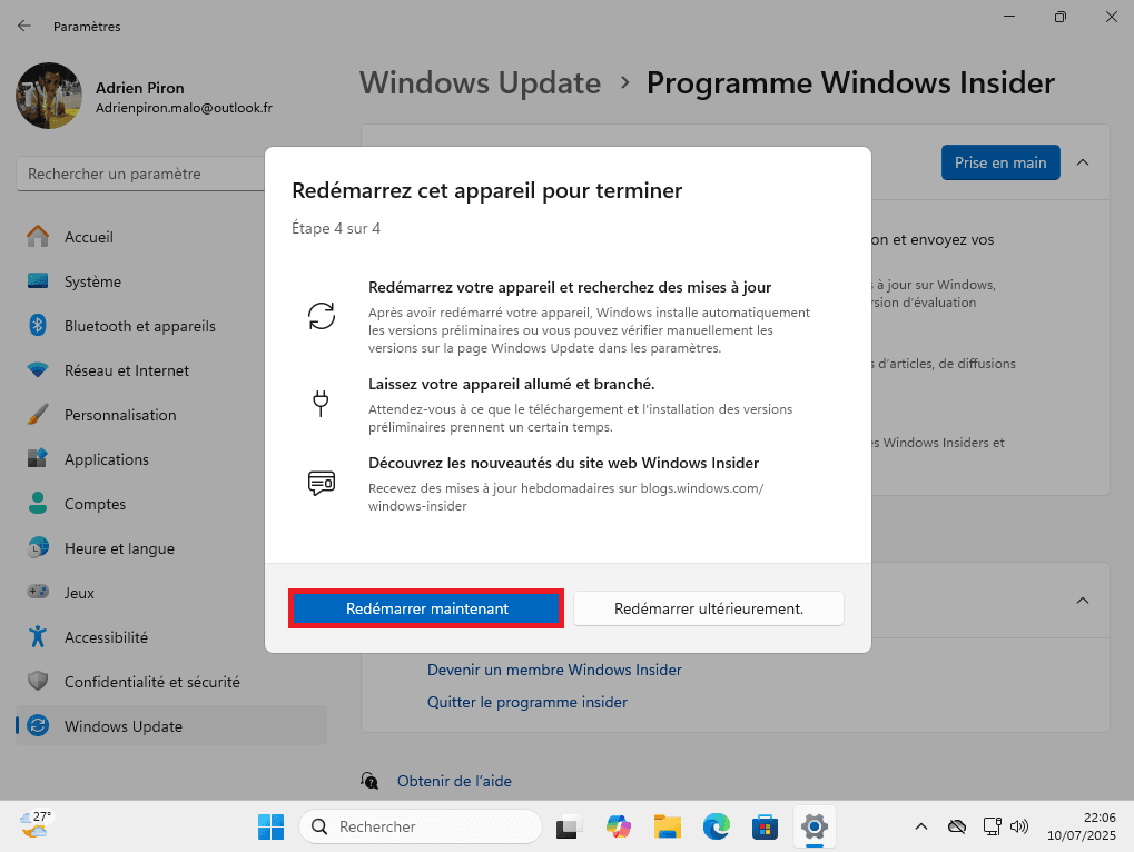Message demandant de redémarrer l’appareil pour finaliser l’activation d’Insider