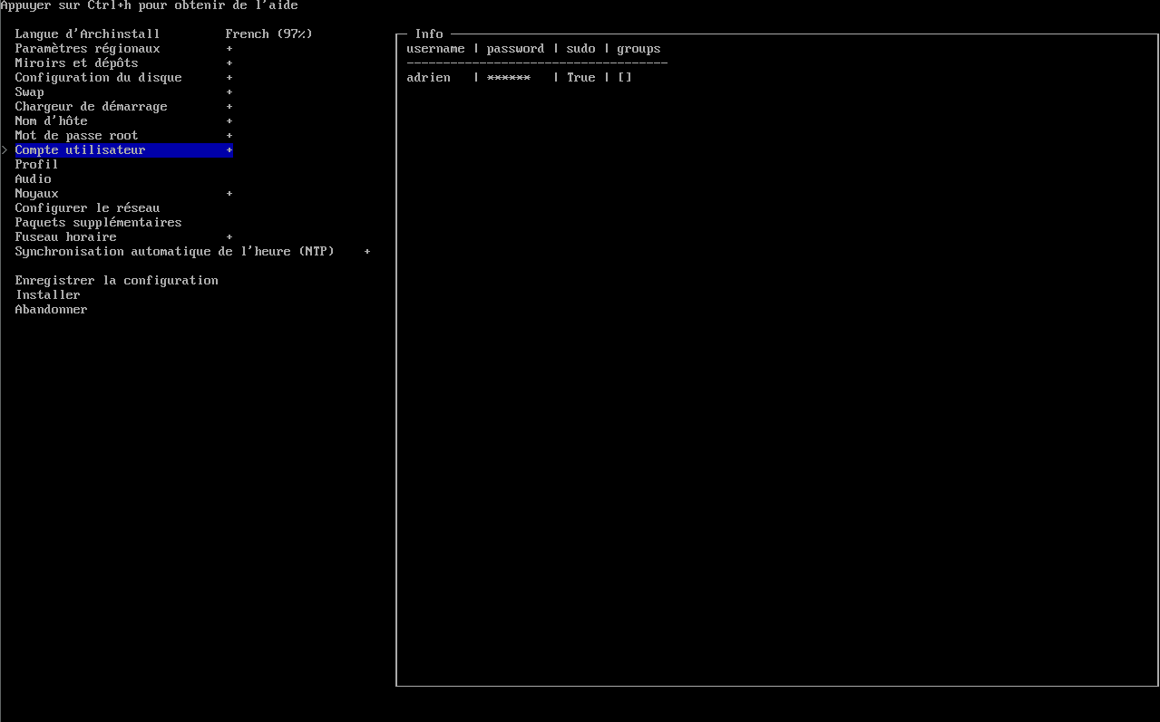 créer compte utilisateur sudo ArchLinux archinstall