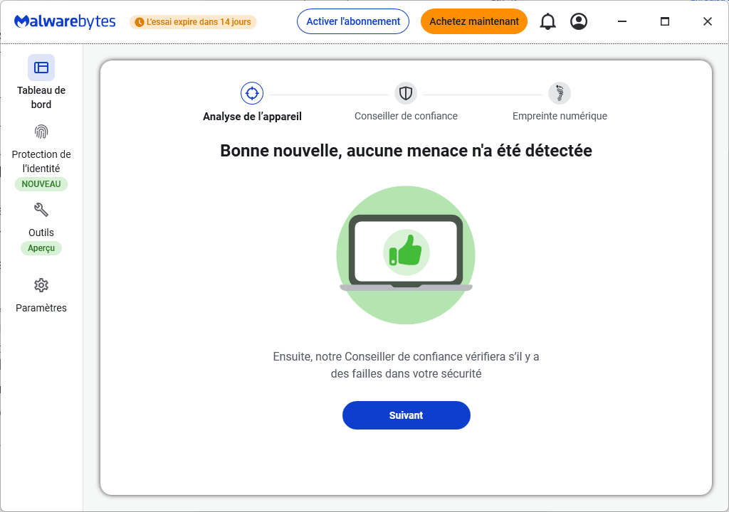 Aucune menace détectée par Malwarebytes après le scan complet