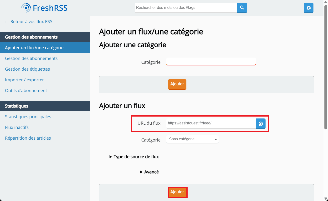 Formulaire d’abonnement à un nouveau flux dans FreshRSS