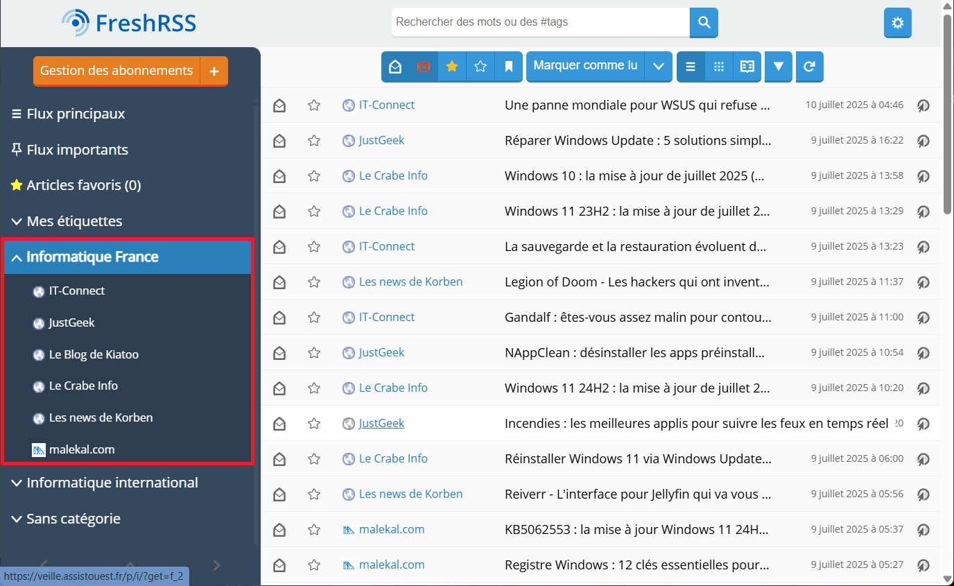 Exemple de veille informatique avec FreshRSS