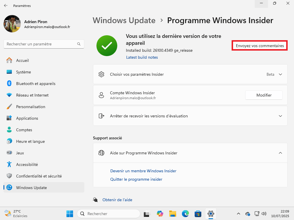 signaler un bug ou une suggestion à Microsoft sur Windows 11 Insider
