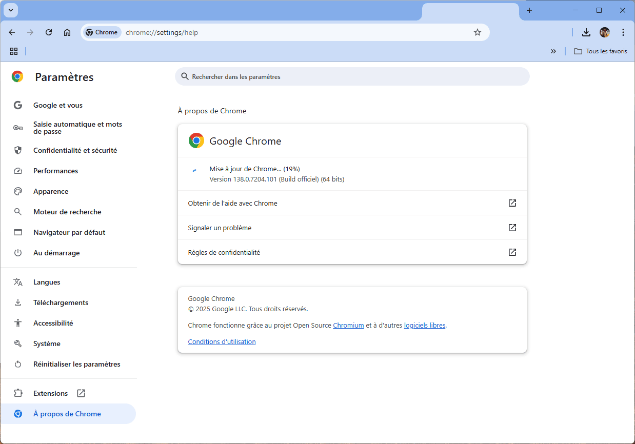 mise à jour de google chrome vers la version 138.0.7204.157
