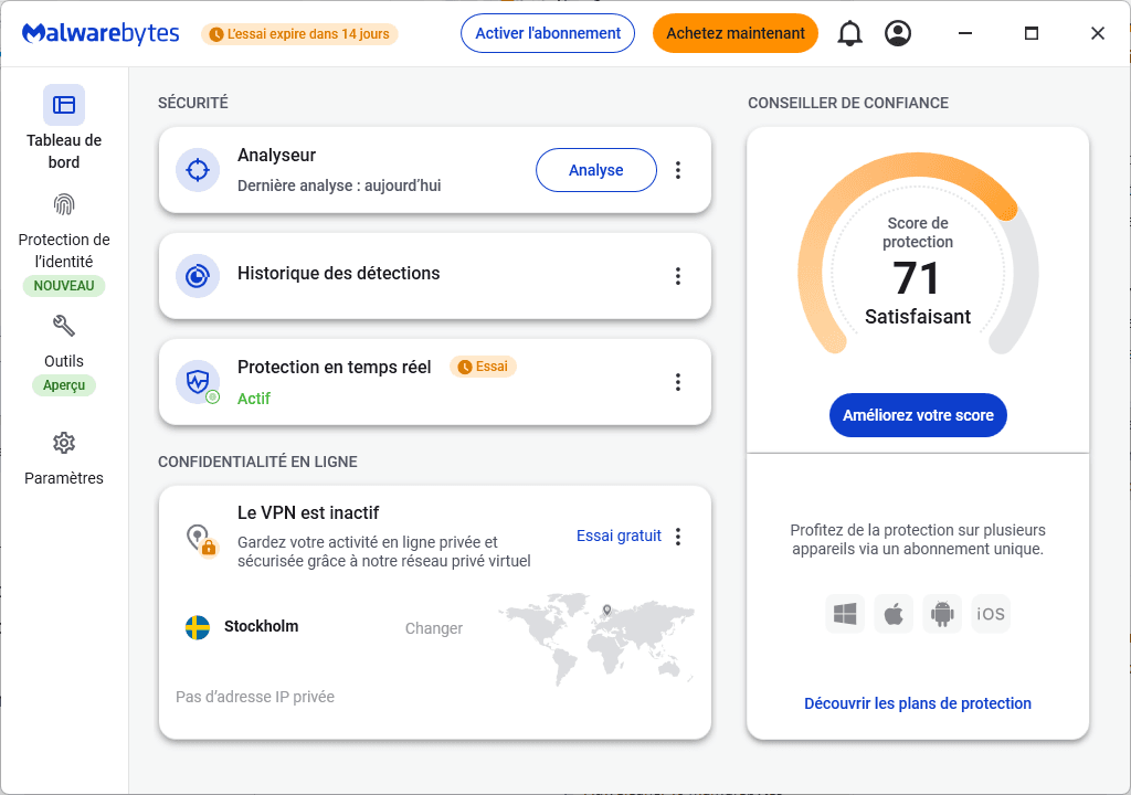 Essai Premium de 14 jours proposé par Malwarebytes
