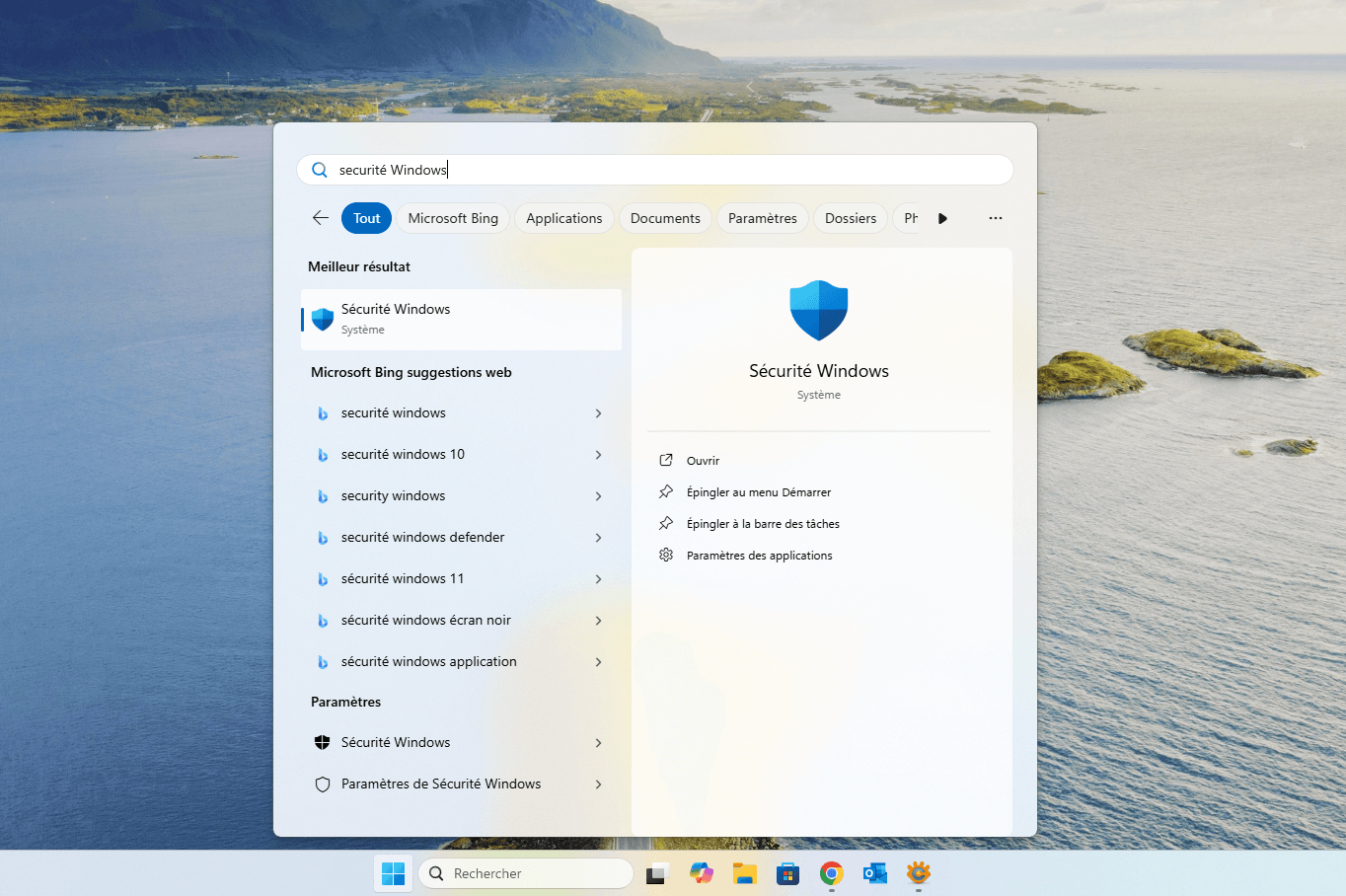 Accéder à la Microsoft Defender depuis le menu démarrer