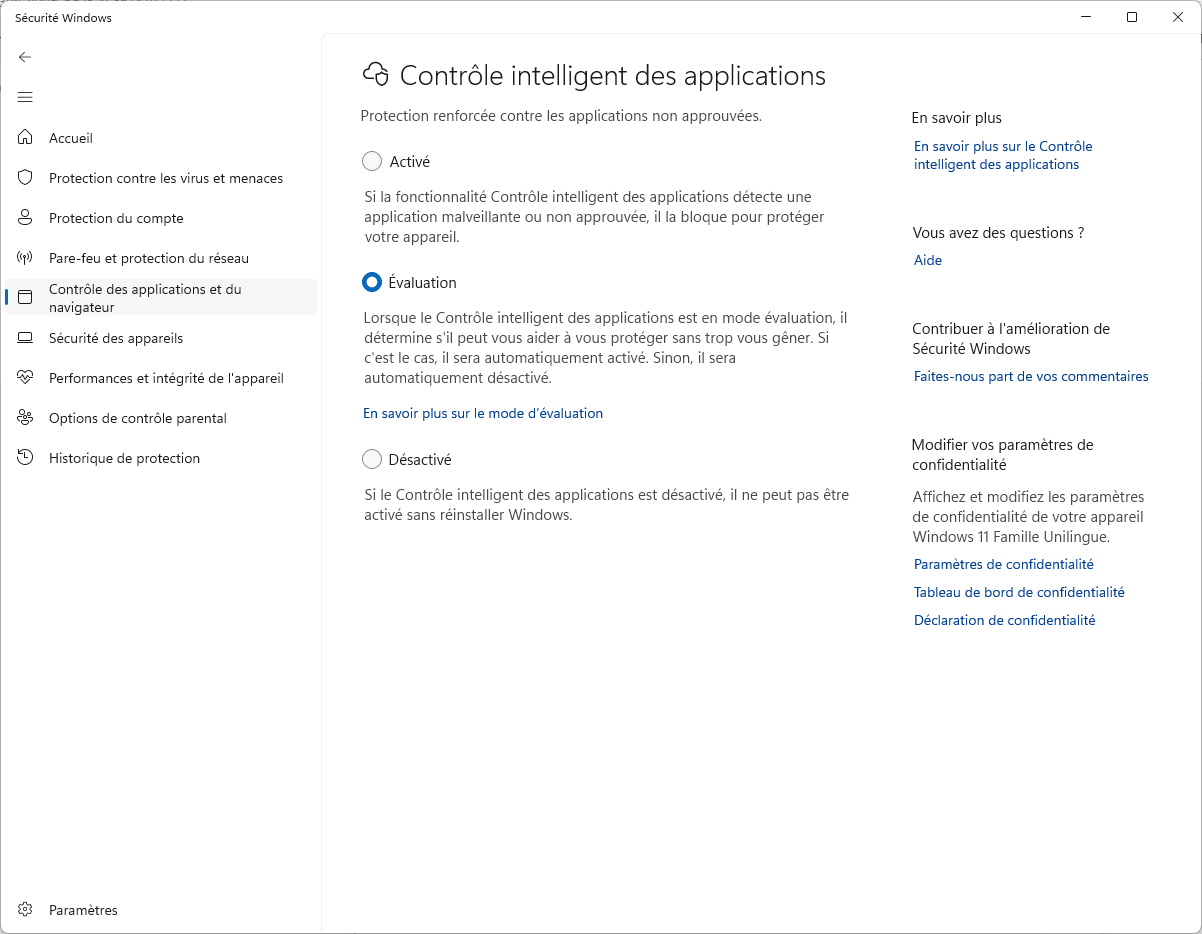 Activer le Contrôle intelligent des applications pour bloquer les logiciels non approuvés