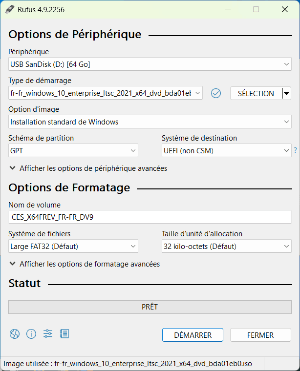 créer un support de démarrage Windows 10 LTSC Rufus