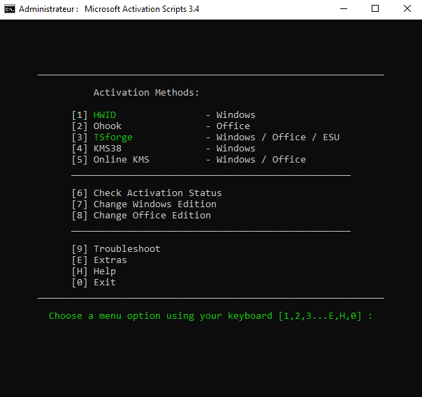 Menu MAS 3.4 avec options d’activation Windows, Office, ESU et outils de diagnostic