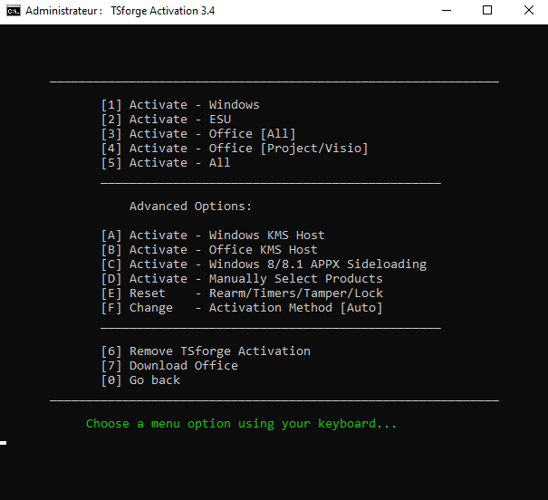 TSForge de MAS : menu d’activation ESU, Windows et Office