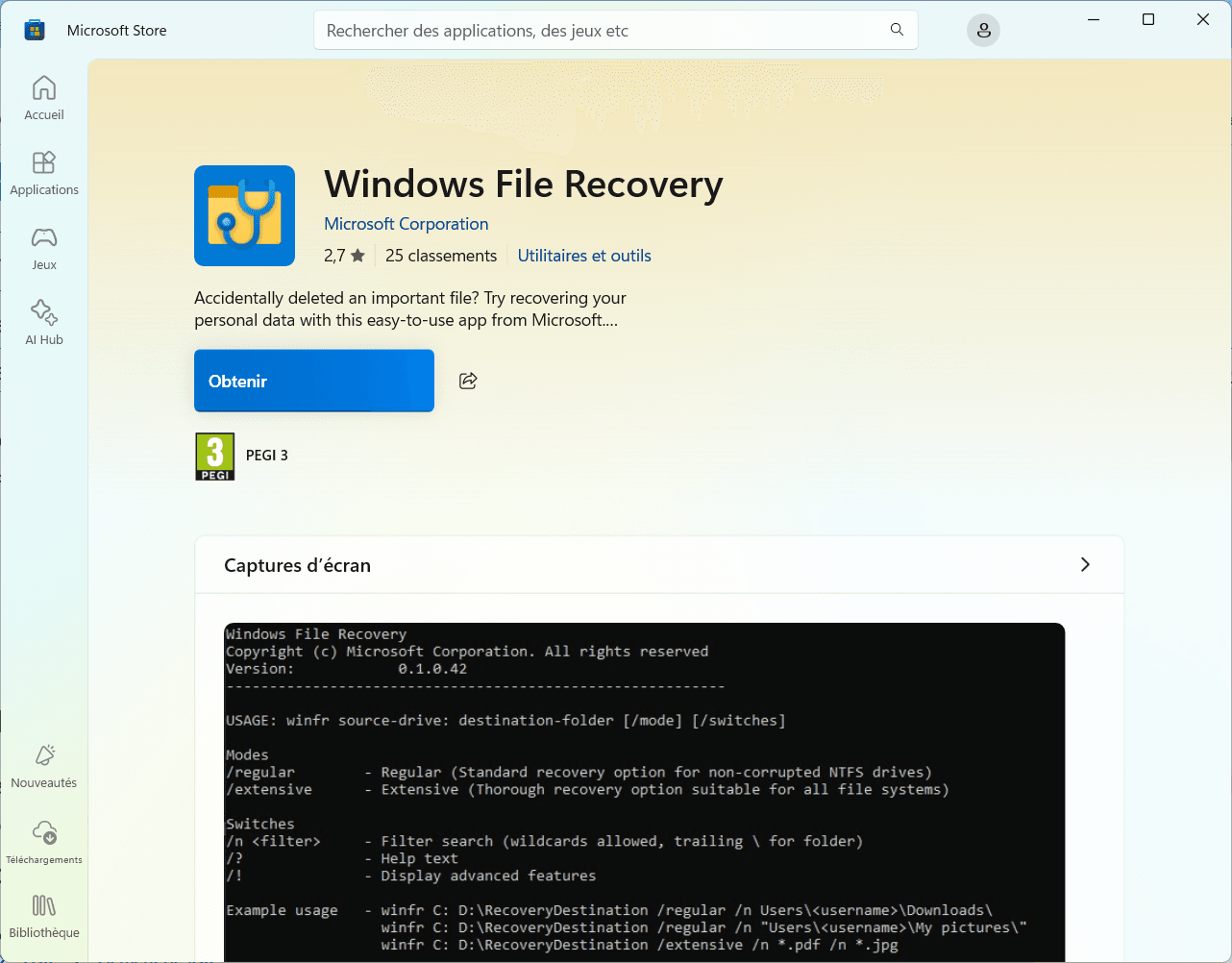 Télécharger Windows File Recovery via le Microsoft Store