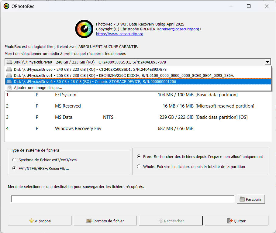 PhotoRec est un logiciel libre de récupération de fichiers