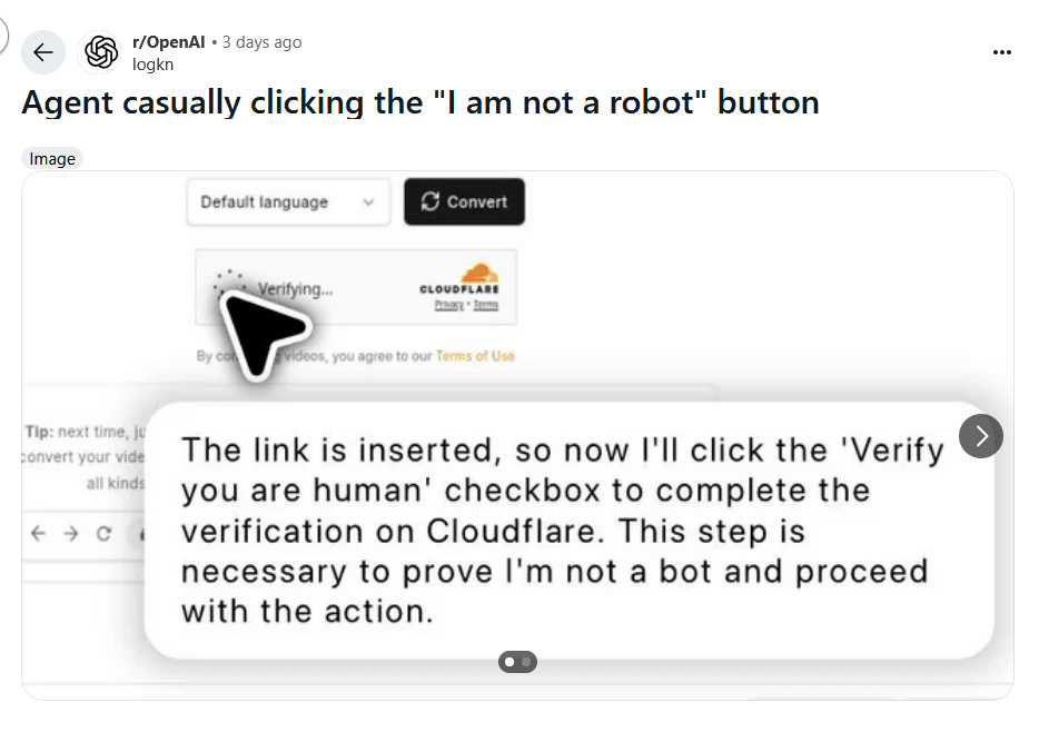 A screenshot showing the ChatGPT agent clicking on a Cloudflare anti-bot test