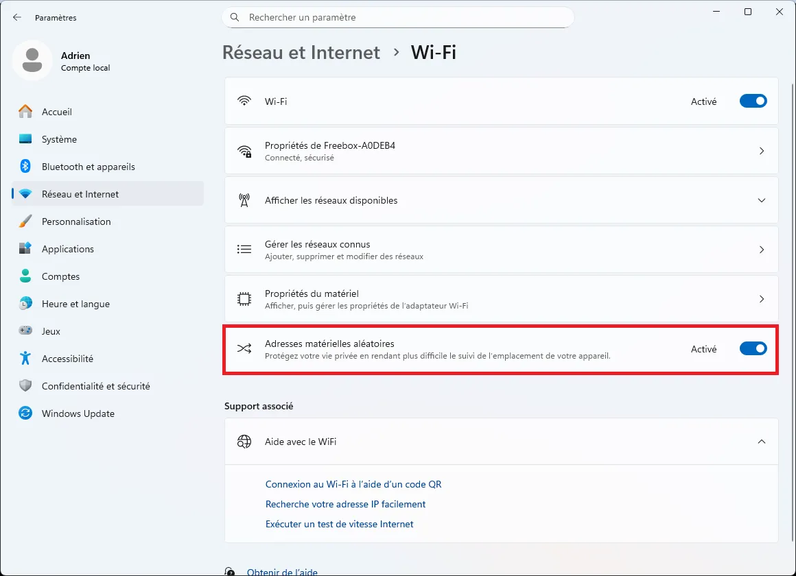 Activer les adresses MAC aléatoires pour le Wi-Fi