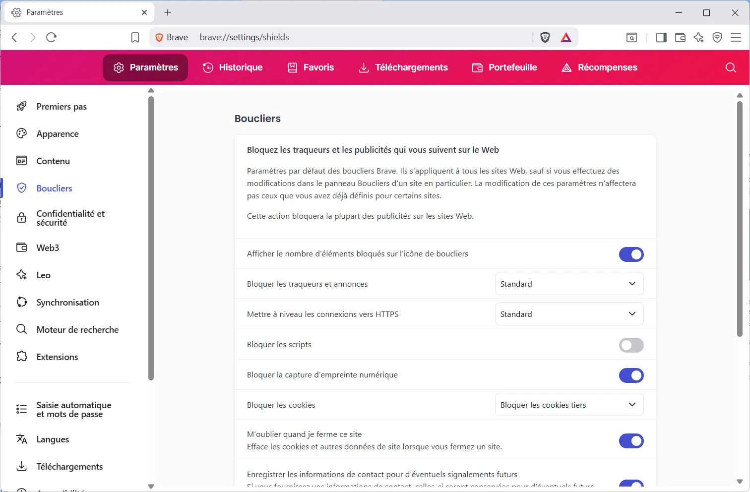 Brave  configurer les Shields pour bloquer les traqueurs et publicités