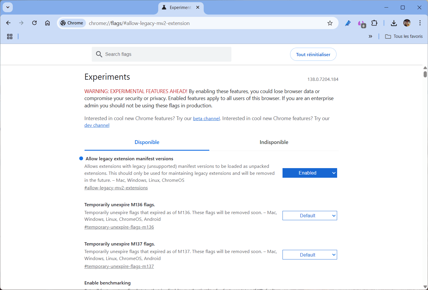 activer le support des extensions basées sur Manifest V2 sur Google Chrome
